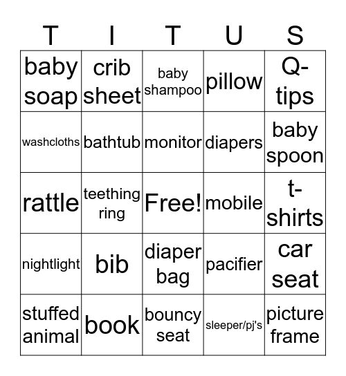 WELCOME BABY Bingo Card