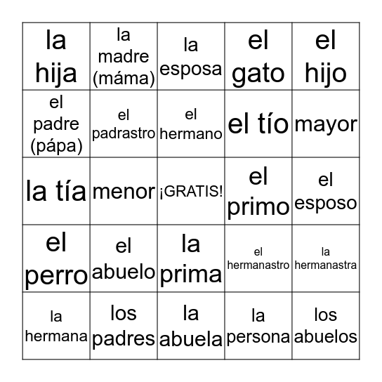 Familia Bingo Card