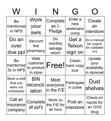 WALGREENS WINGO RX Bingo Card