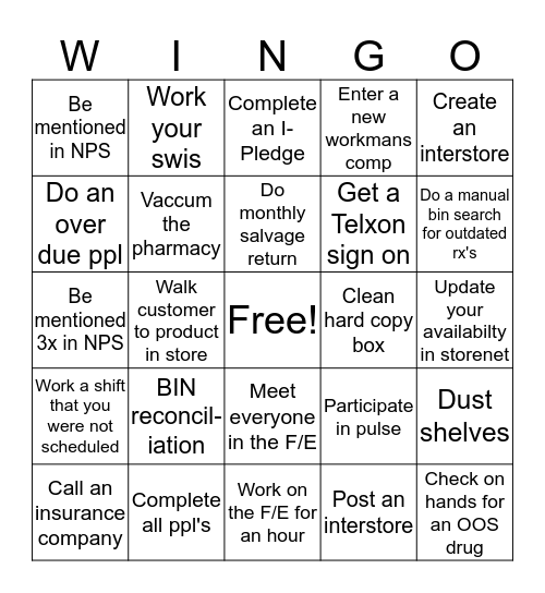 WALGREENS WINGO RX Bingo Card