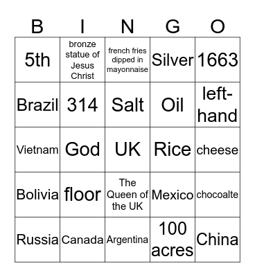International Facts Bingo Card