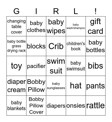 Baby GIRL Gift Bingo Card