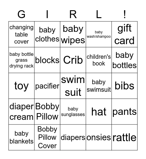 Baby GIRL Gift Bingo Card