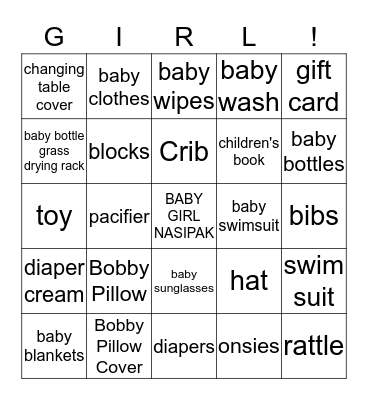 Baby GIRL Gift Bingo Card