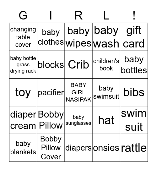 Baby GIRL Gift Bingo Card