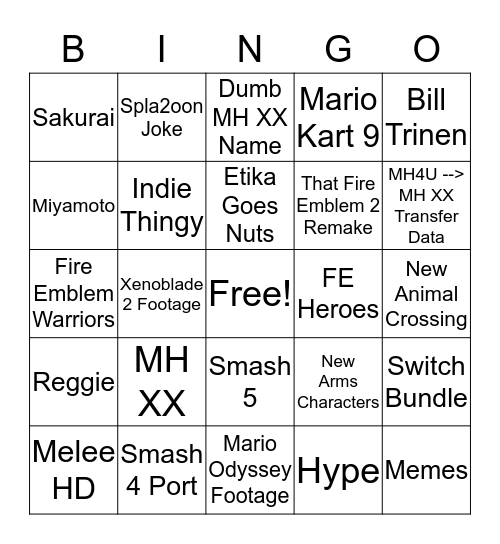 Nintendo Direct 4:12:17 Bingo Card