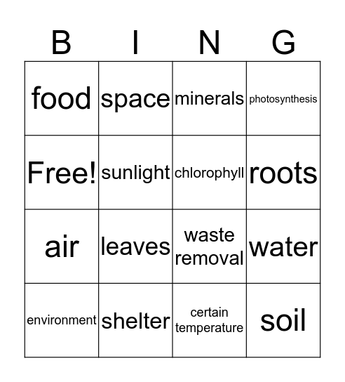 Basic Needs of Living Things Bingo Card