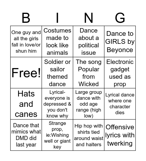 Dance Bingo Card