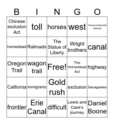 A Growing Nation SS Chapt. 6 Bingo Card