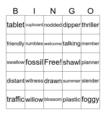 Closed Syllables Bingo Card