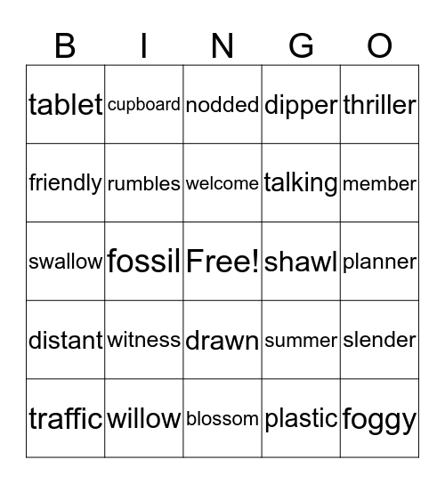 Closed Syllables Bingo Card