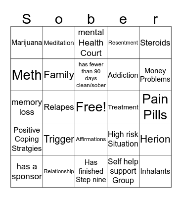 Substance Abuse Bingo Card