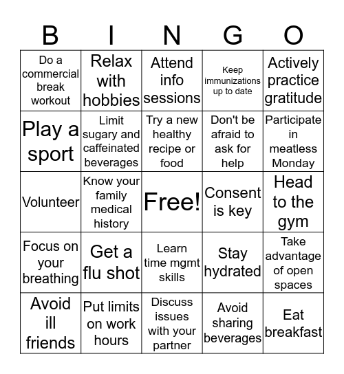Health & Wellness Bingo Card