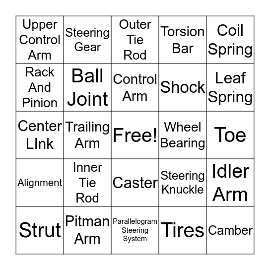 Steering And Suspension Bingo Card