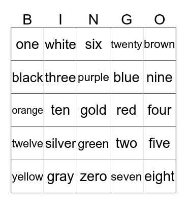 colors and numbers Bingo Card