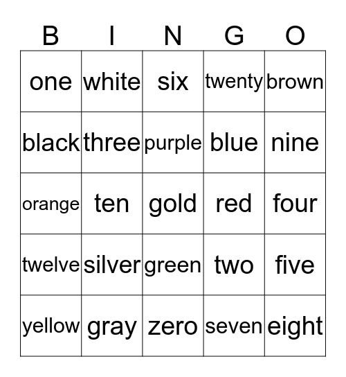 colors and numbers Bingo Card