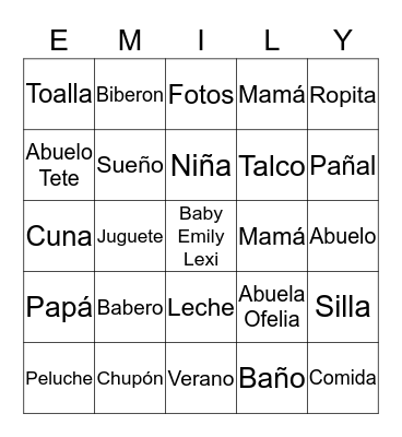 Ofelia's Baby Shower  Bingo Card