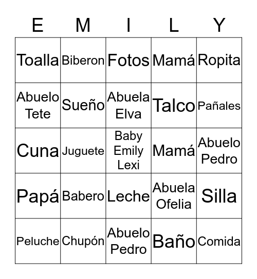 Ofelia's Baby Shower  Bingo Card