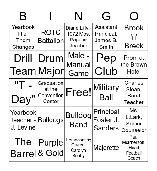 Louisville Male High School - Class of 1972 Bingo Card