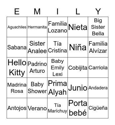 Ofelia's Baby Shower  Bingo Card