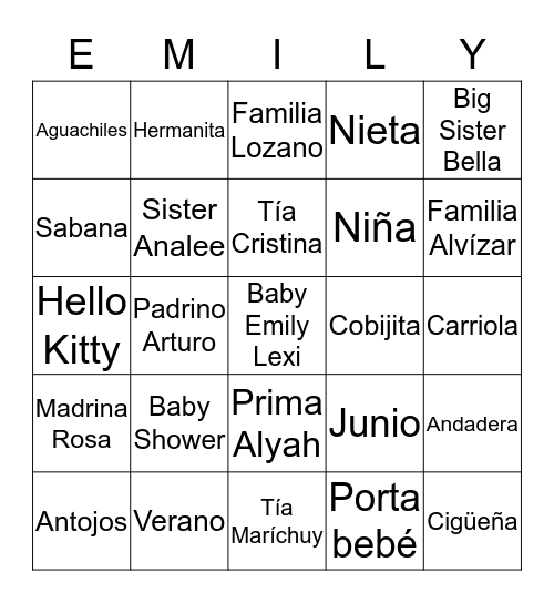 Ofelia's Baby Shower  Bingo Card