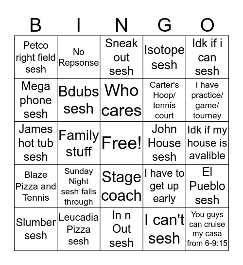 Sesh Bingo Card