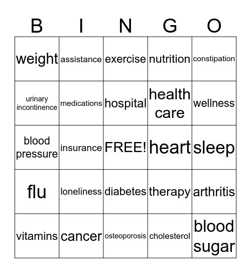 Health Needs Survey Bingo Card