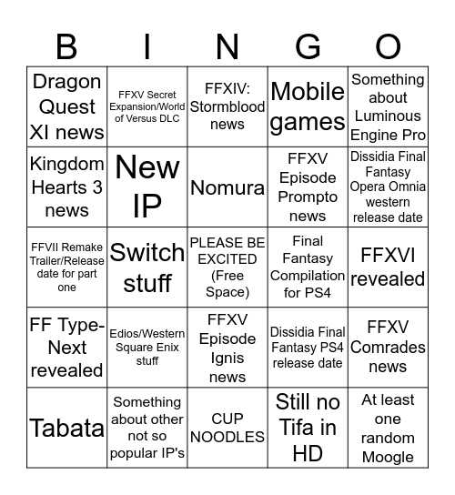 Square Enix E3 bingo  Bingo Card
