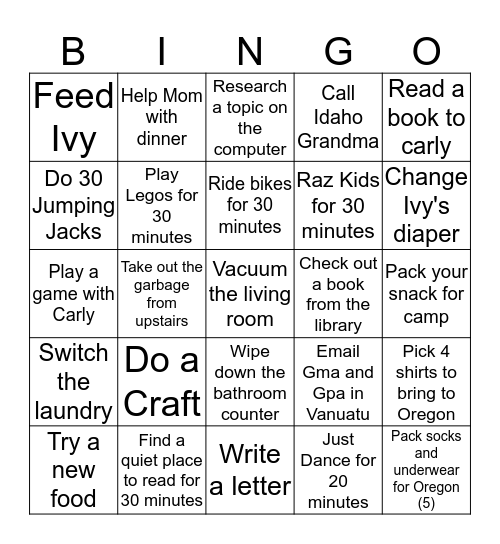 Easton Bingo Card