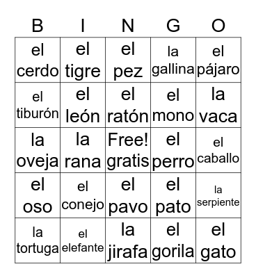 Spanish Animals Bingo Card