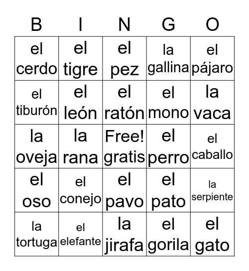 Spanish Animals Bingo Card