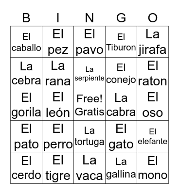 Spanish Animals Bingo Card