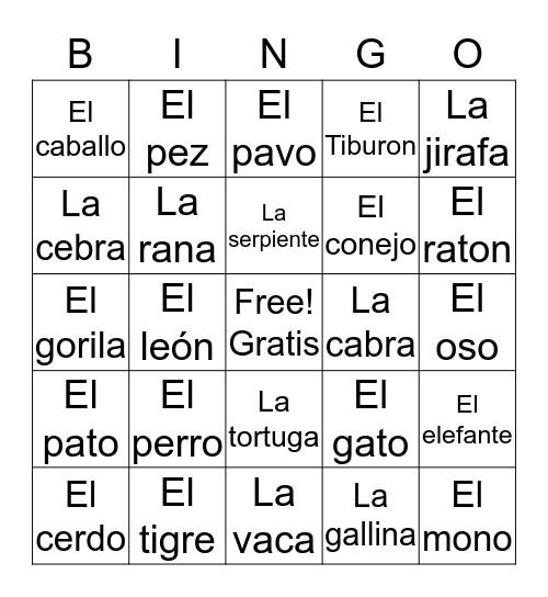 Spanish Animals Bingo Card