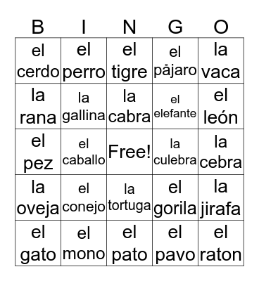 Los Animales Bingo Card