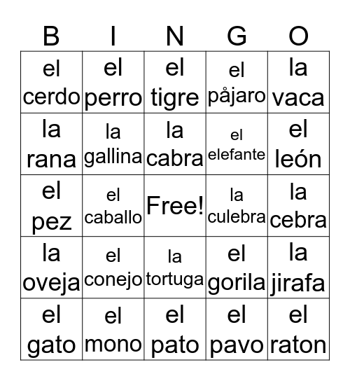 Los Animales Bingo Card