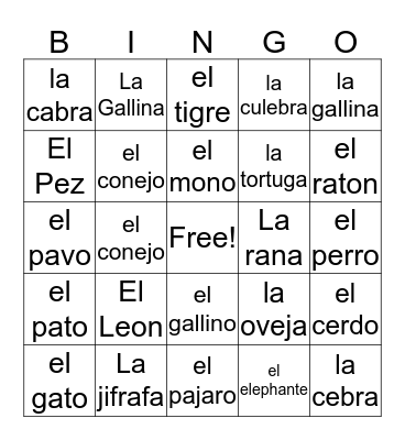 Los Animales Bingo Card