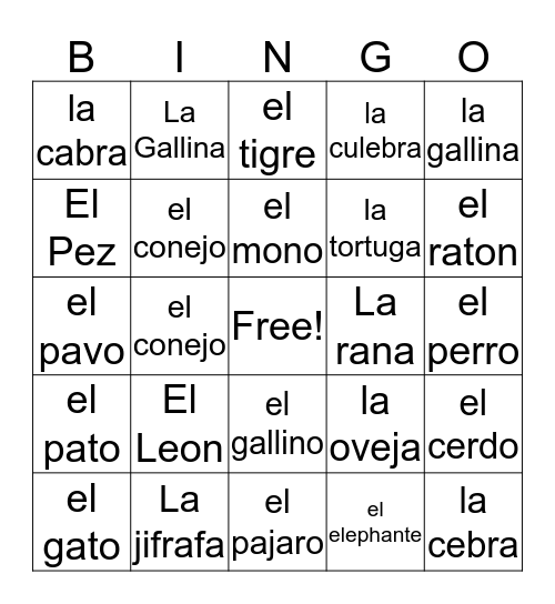 Los Animales Bingo Card