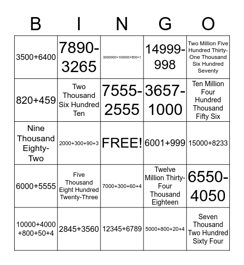 Math Bingo Card