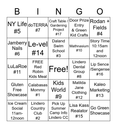 Family Fun Day & Earth Day Celebration 4/22/17 Bingo Card