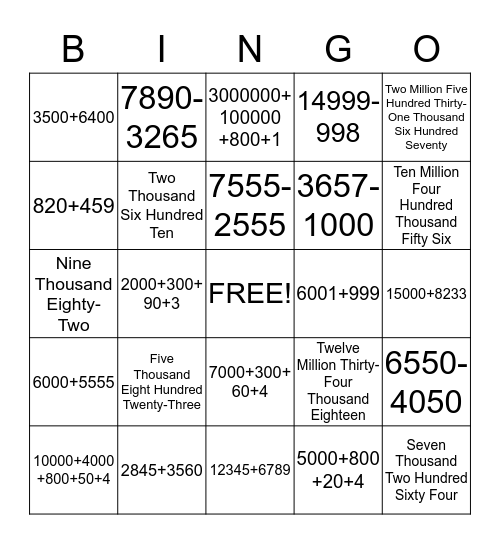 Math Bingo Card