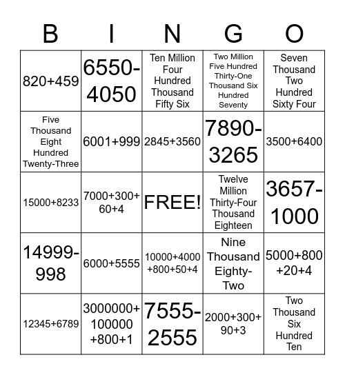 Math Bingo! Bingo Card