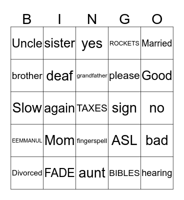 American Sign Language Bingo Card