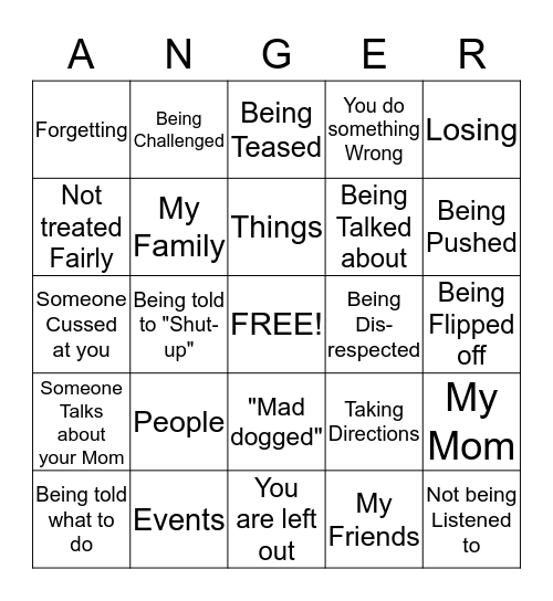 Anger Triggers Bingo Card