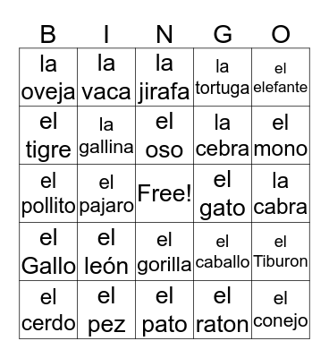 Los Animales Bingo Card