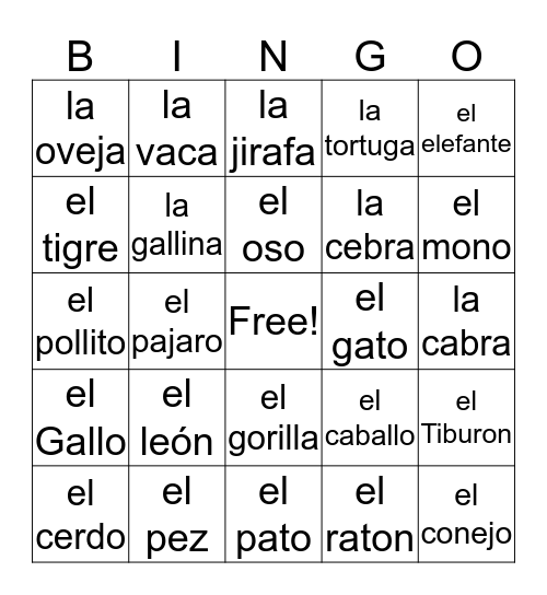Los Animales Bingo Card