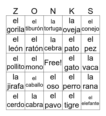 Animal Zonks Bingo Card