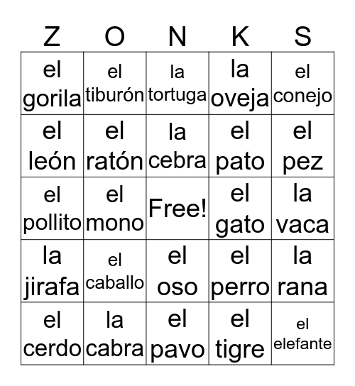 Animal Zonks Bingo Card
