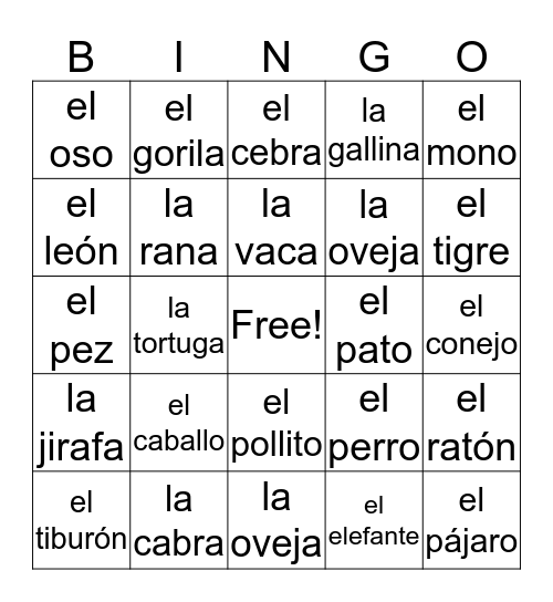 Animals Bingo Card