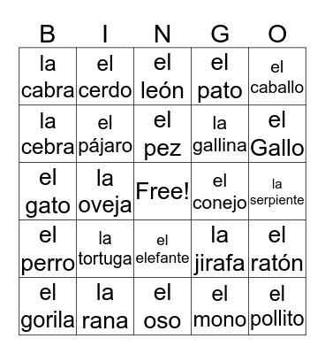 Los Animales Bingo Card