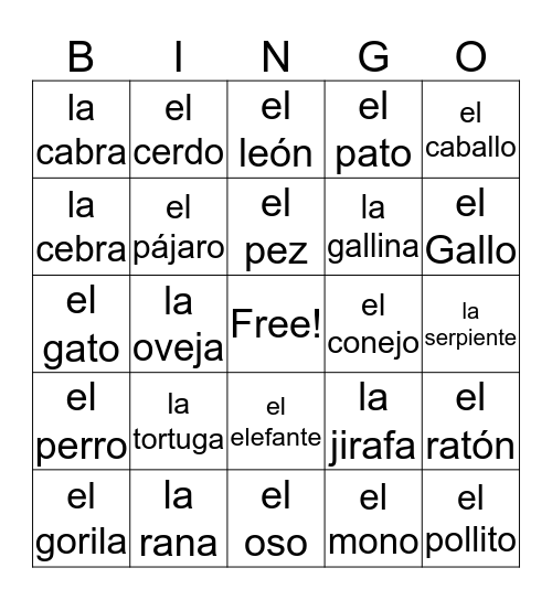 Los Animales Bingo Card